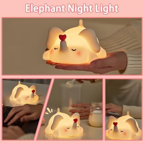 Silicone Elephant Night Light for Kids Room Dimmable Rechargeable Nursery Animal Nightlight Gifts for Women Girls Boys Room Decor 3 Level Brightness Toddler Bedroom Bedside Touch Lamp