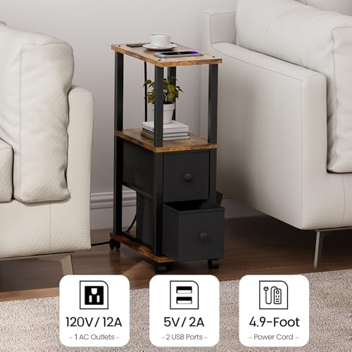 TUTOTAK Small Narrow End Tables, Side Tables with 2 Fabric Drawers, Set of 2, Bedside Tables with Charging Station for Small Spaces, Slim Nightstands with USB Ports and Wheels, TB01BB053