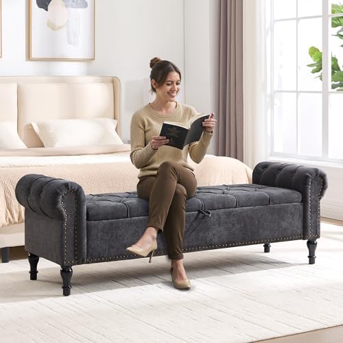 Storage Bed Bench for Bedroom, Chenille 67" End of Bed King Size Benches with Armrest, Tufted Button Upholstered Ottoman Bench for Living Room, Entryway, Charcoal Grey