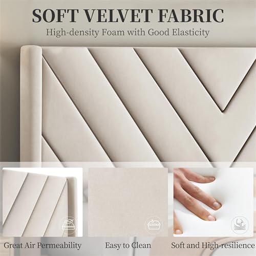 Yaheetech Full Bed Frame with Chevron Channel-Tufted Headboard, Beige