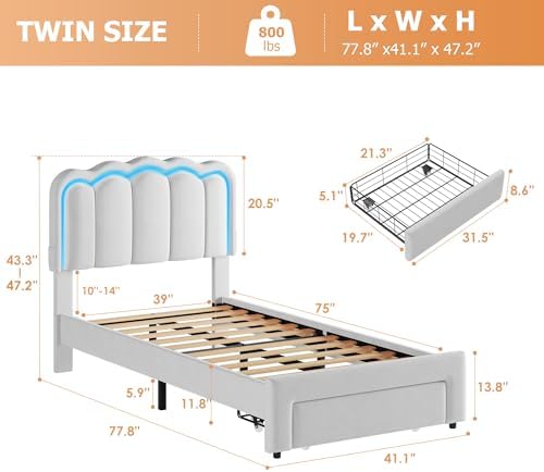 Jocoevol Twin Upholstered LED Bed Frame with Storage Drawer and Adjustable Chic Double Wavy Headboard, Velvet Princess Platform Bed for Girls/Kids, Solid Wood Slats Support, No Box Spring Needed, Grey