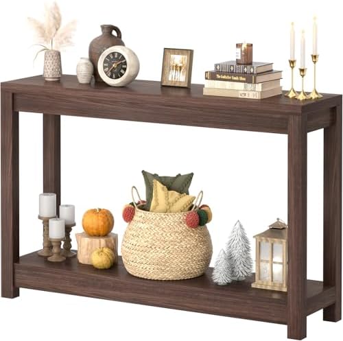 Besiost 47" Farmhouse Wood Entryway Table Narrow Console Table with Storage Behind Couch Sofa Table with Shelves Entry Way Tables with Open Storage, Easy Assembly, Black Walnut