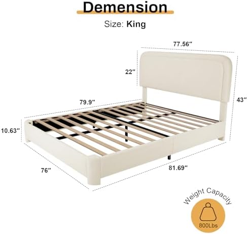 WEUP King Size Platform Bed Frame, Boucle Upholstered Bed with Adjustable Headboard, Wood Slats, No Box Spring Required, Noise-Free, Easy Assembly, Light Beige
