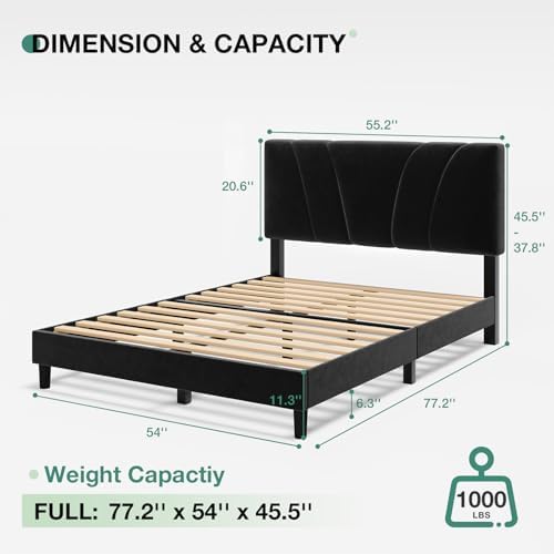 Novilla Full Size Bed Frame with Headboard, Full Bed Frame with Wooden Slats Support, Velvet Upholstered Headboard, No Box Spring Needed, Heavy Duty Feet, Easy Assembly, Black Velvet