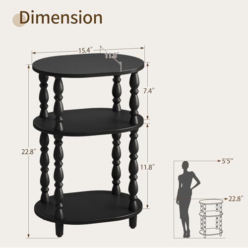 Yoobure 3-Tier Small Side Table - Oval End Table with Vintage Spindle Legs, Accent Night Stand with Storage Shelf for Narrow Spaces, Wood Nightstand Bedside Table for Living Room, Bedroom, Black