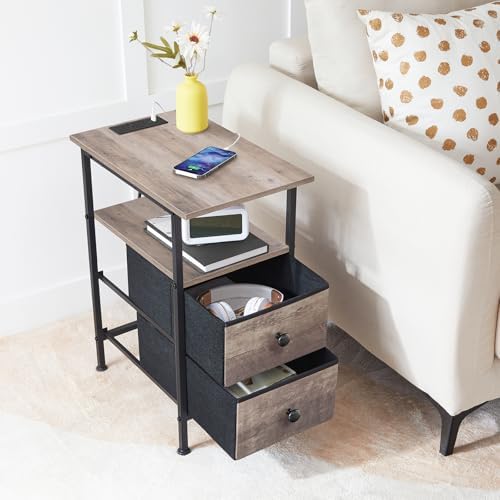 HOOBRO End Table with Charging Station, Narrow Side Table, Nightstand with 2 Non-Woven Drawers, Slim Sofa Side Table, for Small Spaces, Living Room, Bedroom, Greige and Black BG486UBZ01