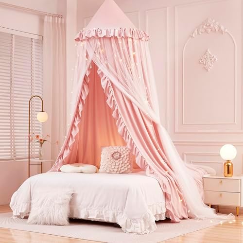 Mengersi Bed Canopy for Girls,Princess Round Dome Canopy Bed Curtains-Dreamy Mosquito Net Castle Play Tent Castle for Girls Room Decor (Beige Pink/Double)