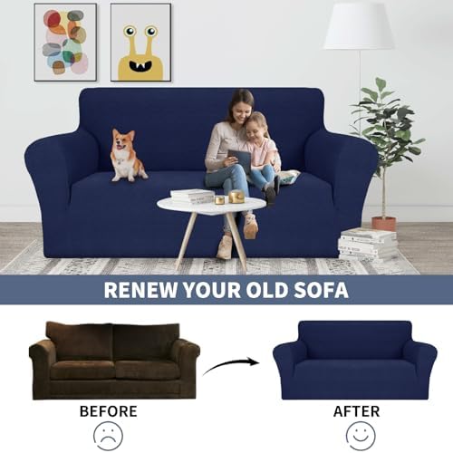 JIVINER Stretch Armchair Slipcovers, 1 Piece Chair Sofa Covers 1 Seater Couch Covers with Elastic Bottom for Kids, Pets (Navy Blue, Chair)