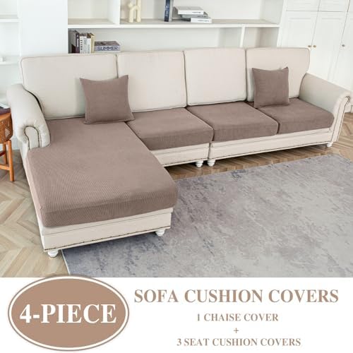LA MEACK Couch Cushion Covers for Sectional Sofa L Shape Washable Separate Seat Chaise Couch Cover Stretch Sofa Slipcovers with 2 Pcs Pillowcases(3 Seater + 1 Chaise, Khaki)