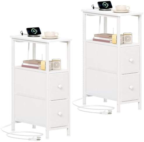 Somdot Narrow End Table Set of 2, Charging Station, Side Table, 2 Drawers