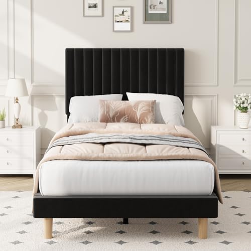 Twin Bed Frame with Adjustable Headboard, Velvet Upholstered Platform Bed