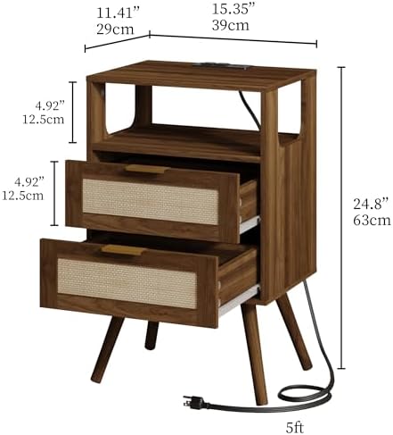 JOONEE Rattan Nightstand with Charging Station,Farmhouse Bedside Table with 2 Storage Drawer and Open Wood Shelf, for Bedroom and Small Spaces,Night Stand with Solid Wood Legs (Dark Walnut-Outlet)