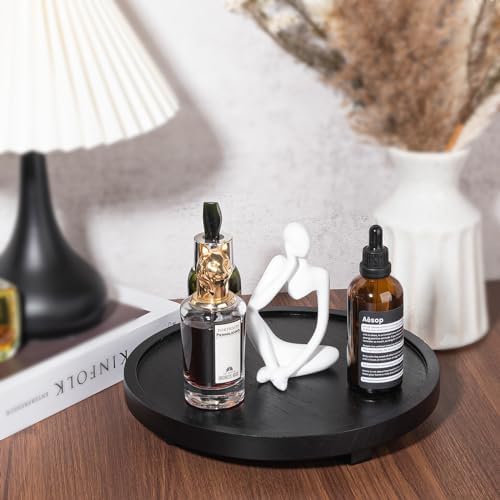 Round Decorative Tray Wood Bathroom Counter Organizer Farmhouse Kitchen Decor Wooden Riser for Soap Dish, Perfume, Candle, Sponge, 10" - Black