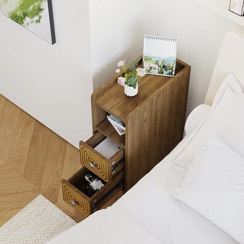 7.8" Narrow Nightstand Set of 2 with 2 Drawers & Open Storage,Walnut