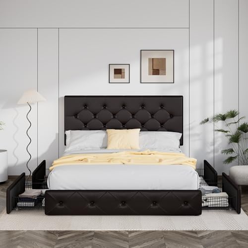 Allewie Queen Size Storage Bed Frame with 4 Underbed Drawers, Upholstered Platform Bed with Adjustable Headboard, Diamond Button Tufted, Easy Assembly, Noise-Free, No Box Spring Needed, Brown