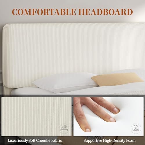 Yaheetech Full Bed Frame, Adjustable Chenille Upholstered Headboard, Beige