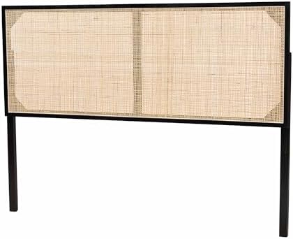 Bali & pari Aurelia Modern Bohemian Black Finished Bayur Wood and Natural Rattan Queen Size Headboard