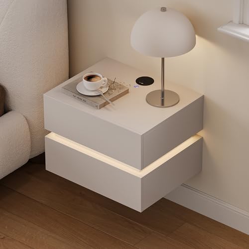 Modern Floating Nightstand with LED Light, Wall Mounted Minimalist Bedside Table with 2 Drawers, Luxury Space Saving Bedroom Furniture for Modern Interiors, White