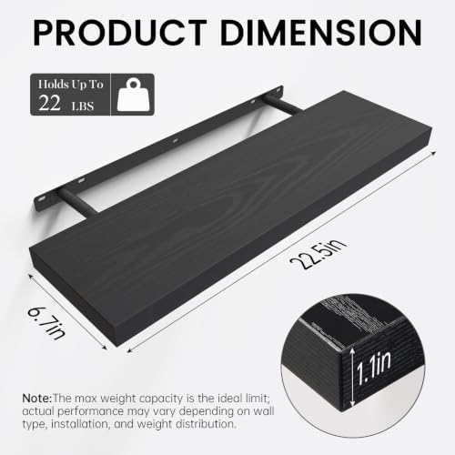 BAYKA Black Floating Shelves 22.5in, Set of 3, Wall Mounted for Wall Decor
