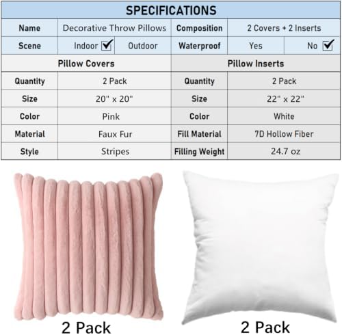 Decorative Throw Pillow with Inserts, Set of 2 Soft Faux Fur Throw Pillows, Square Boho Striped Pillow for Couch, Bed, Sofa Decor (Pink, 20" x 20"(Pack of 2))