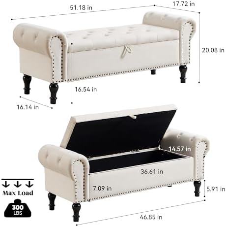 Storage Bench for Bedroom, 51" Upholstered End of Bed Bench, Velvet Queen Size Benches with Rolled Arms, Tufted Button Storage Long Ottoman, Living Room, Entryway, Beige
