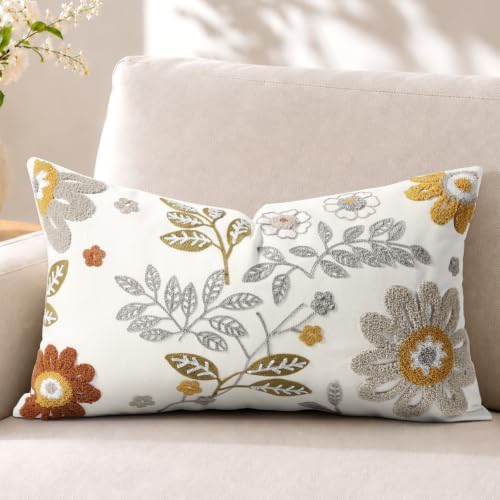 Fall Embroidered Lumbar Pillow Cover 20x12 Inch, Amber Blooms