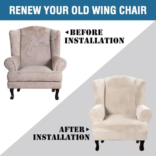 H.VERSAILTEX Wingback Chair Covers Polyester Spandex Plush Wing Chair Slipcover 1 Piece High Stretch Wing Back Chair Slipcovers Sofa Cover Furniture Cover with Elastic Bottom, Cream