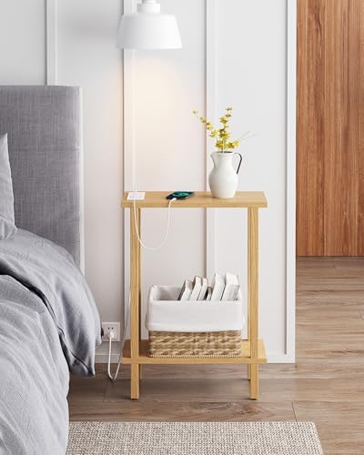 TUTOTAK Narrow Side Table, 2-Tier Small End Table with Charging Station