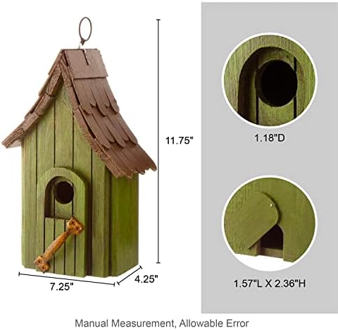 Glitzhome Birdhouses for Outdoors, Hand Painted Garden Hanging Wooden Bird House with Single Roof for Outside, Country Cottages for Bluebird Swallow Sparrow Hummingbird Finch Cardinals Cedar, Green
