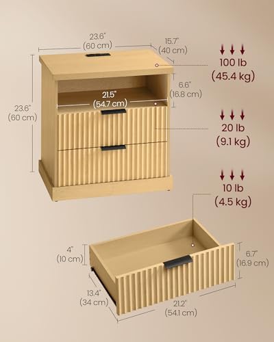 VASAGLE Nightstand with Charging Station, 2 Drawers, Open Shelf