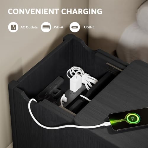 iPormis End Table with Charging, Narrow Side Table for Living Room, Black