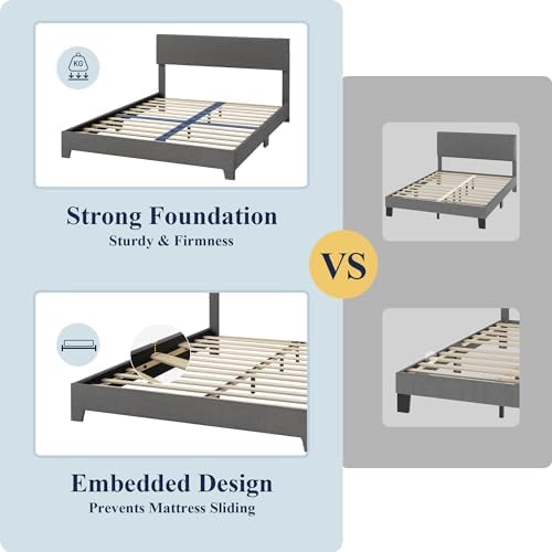 Allewie Full Size Upholstered Bed Frame Adjustable Headboard, Dark Grey