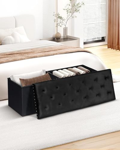 B FSOBEIIALEO Storage Ottoman Bench, 43" Velvet Ottoman With Storage, Black