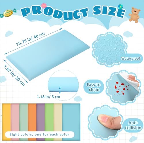 Hahafelt 8 Pack Wall Padding for Playroom Peel and Stick Headboard 15.75" x 7.87" x 1.18" 3D Anti Collision Upholstered Wall Panels Self Adhesive Headboard Panel for Protection (Fresh Colors)
