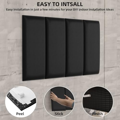 Peel and Stick Headboard Black Upholstered Wall Panels, 4 Panels Sized 7.8" x 15.7", 3D Anti-Collision Soundproof Self-Adhesive Wall Panel for Bedroom