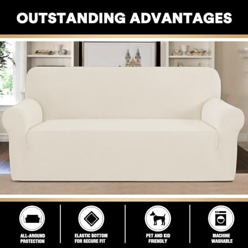 PrinceDeco Stretch Sofa Slipcover 1 Piece Sofa Cover for 3 Cushion Couch Furniture Protector/Cover Couch with Elastic Bottom Soft and Durable Sofa Cover Pet Protector (Sofa, Cream)