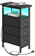 sthmec End Table with Charging Station,LED Side Tables with USB Ports and Outlets,Skinny Bedside Tables with 3 Drawers,Small Tabls Nightstands for Small Space,Slim Sofa Table for Livingroom,Black