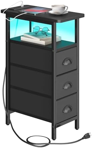 sthmec End Table with Charging Station,LED Side Tables with USB Ports and Outlets,Skinny Bedside Tables with 3 Drawers,Small Tabls Nightstands for Small Space,Slim Sofa Table for Livingroom,Black