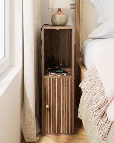 Narrow Nightstand, 7.9" Wood Nightstands with Fluted Door,Walnut