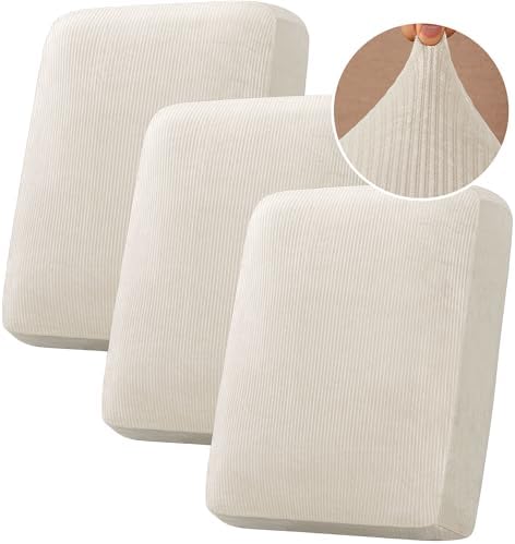 H.VERSAILTEX Velvet Stretch Couch Cushion Cover Plush Cushion Slipcover for Chair Loveseat Sofa Cushion Furniture Protector Seat Cushion Sofa Cover (3 Piece Sofa Cushion Covers, Ivory Striped)