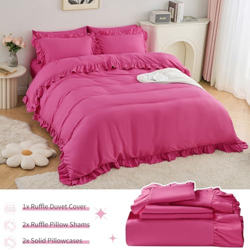 Horbaunal 5 Pcs Hot Pink Ruffle Duvet Cover Queen Size Soft Microfiber Shabby Chic Ruffled Duvet Cover Set, Vintage French Country Ruffle Bedding Set with Zipper Closure & Corner Ties, 90" x 90"