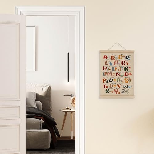 MAQIKA Funny Alphabet Learning Classroom Poster Framed with Wood Hanger, Letters Educational Hanging Wall Decor, ABC Alphabet Canvas Wall Art Paints for Kids Toddlers Nursery Room Bedroom, 12x16 Inch