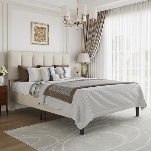 VECELO Queen Size Bed Frame with Upholstered Headboard, Pale Beige