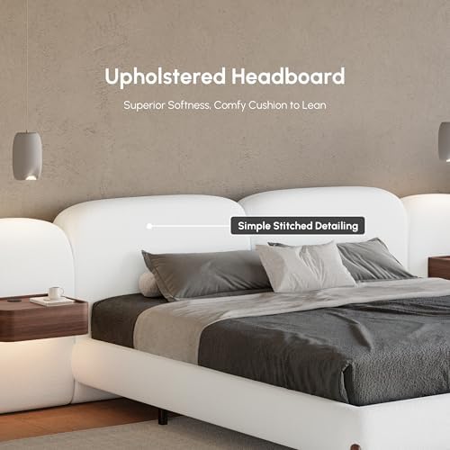 homary King Size Bed Frame Set with Wide Headboard & Floating Smart Nightstands, Modern Boucle Platform Bedroom Set with LED Sensor Lights, Wireless Charging & Walnut Wood Legs, No Box Spring Needed