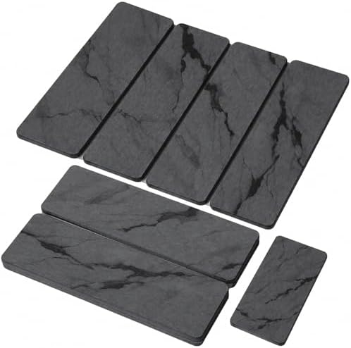 Small Stone Dish Drying Mat for Kitchen Counter, 2 PCS 16"×12" & 8"x4" Quick Dry Stone Mats, Foldable Water Absorbing Diatomite Drying Dish Pad for Countertop Bottles Utensils Cups(Dark Gray Ink)