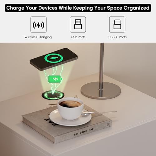 Modern Floating Nightstand with LED Light, Wall Mounted Minimalist Bedside Table with 2 Drawers, Luxury Space Saving Bedroom Furniture for Modern Interiors, White