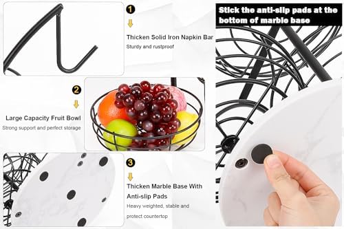 Livabber Fruit Basket Bowl with Banana Hanger, Metal Fruit Vegetable Storage Basket with Banana Holder for Kitchen Counter, Detachable Organizer for Bread Snack Produce (Black, 3-Tier Marble Base)