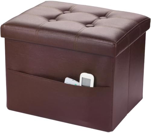 Bsketa Storage Ottoman Bench,16 Inch Folding Leather Foot Rest Stool, Brown