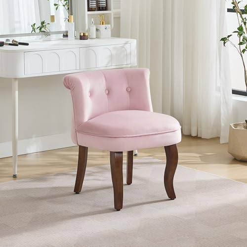 WUTUTUEE Velvet Vanity Chair with Back, Tufted Upholstered Vanity Stool with Solid Wood Legs, Mid Century Small Makeup Chair for Vanity, Accent Chair for Bedroom, Living Room, Pink