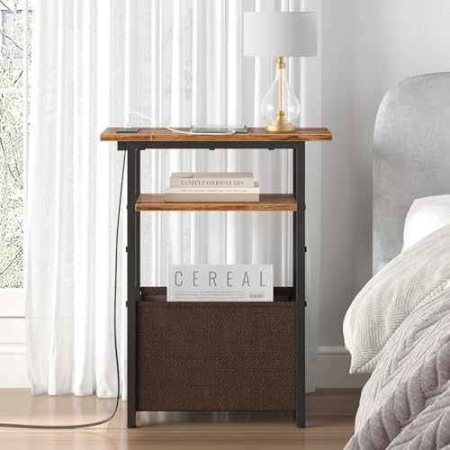 sthmec Narrow Side Table with Charging Station, Small End Table for Small Spaces, Skinny Nightstands with Storage Basket, 3 Tier Sofa Couch Bedside Tables for Living Room,Bedroom, Rustic Brown